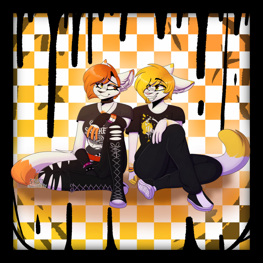 1:1 alternative_fashion checkered checkered_background clothed clothing domestic_cat duo emo felid feline felis female hi_res lesbian_pride_colors lgbt_pride male mammal orange_lesbian_pride_colors pattern_background pride_color_accessory pride_color_clothing pride_colors sibling_(lore) silvetz simple_background