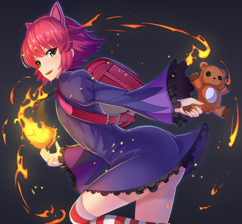 absurdres animal_ears annie_(league_of_legends) backpack bag cat_ears commentary_request female fire fireball fps green_eyes hairband highres league_of_legends looking_at_viewer open_mouth photoshop_(medium) pink_hair randoseru short_hair solo striped_clothes striped_thighhighs stuffed_animal stuffed_toy teddy_bear thighhighs tibbers