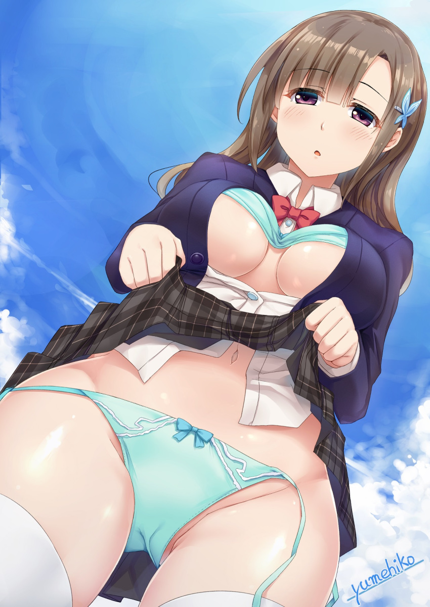 :o aqua_bra aqua_panties ass_visible_through_thighs asymmetrical_bangs blazer blue_jacket blush bow bow_bra bow_panties bra bra_lift breasts brown_hair circle_name clothes_lift cloud cloudy_sky commentary_request day dutch_angle female from_below grey_skirt hair_ornament hairclip highres jacket lifting_own_clothes medium_breasts navel necktie open_clothes open_shirt original outdoors panties parted_lips purple_eyes red_necktie school_uniform side-tie_panties signature skirt skirt_lift sky solo sorano_(12gou) thighhighs underwear uniform untied_panties white_thighhighs wing_collar yumehiko