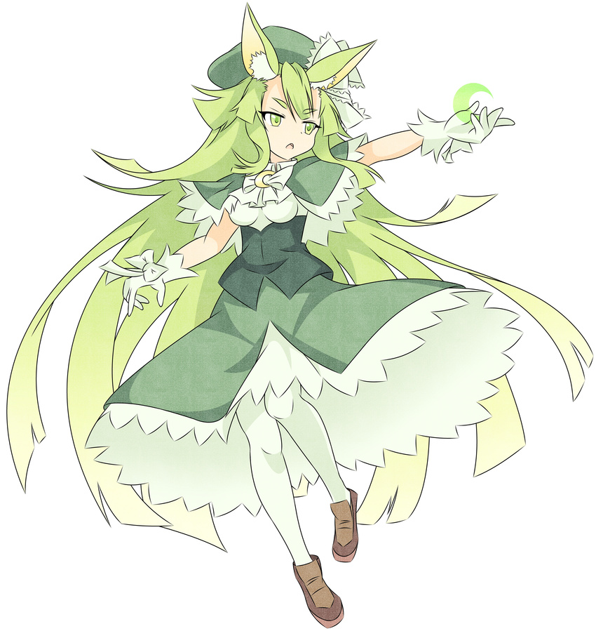 absurdres animal_ears bad_id bad_pixiv_id crescent dress female gen'ei_wo_kakeru_taiyou gloves green_eyes green_hair hat highres long_hair open_mouth pantyhose ribbon simple_background sion_adelheart solo tsukuyomi_luna very_long_hair white_background white_gloves white_pantyhose