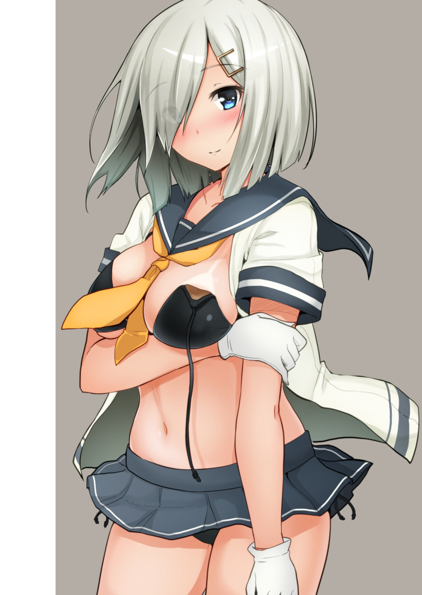 arm_grab arm_under_breasts bikini bikini_under_clothes black_bikini blouse blue_eyes blue_skirt blush breast_hold breasts closed_mouth commentary_request cowboy_shot eyes_visible_through_hair female gloves grey_background grey_hair hair_ornament hair_over_one_eye hairclip hamakaze_(kancolle) highres kantai_collection looking_at_viewer medium_breasts microskirt miniskirt navel neckerchief pleated_skirt sailor sailor_collar shirt short_hair short_sleeves side-tie_bikini_bottom skirt smile solo standing striped_clothes striped_skirt swimsuit tan tanlines untied_bikini white_gloves white_shirt yellow_neckerchief yuna_(spn28u79)