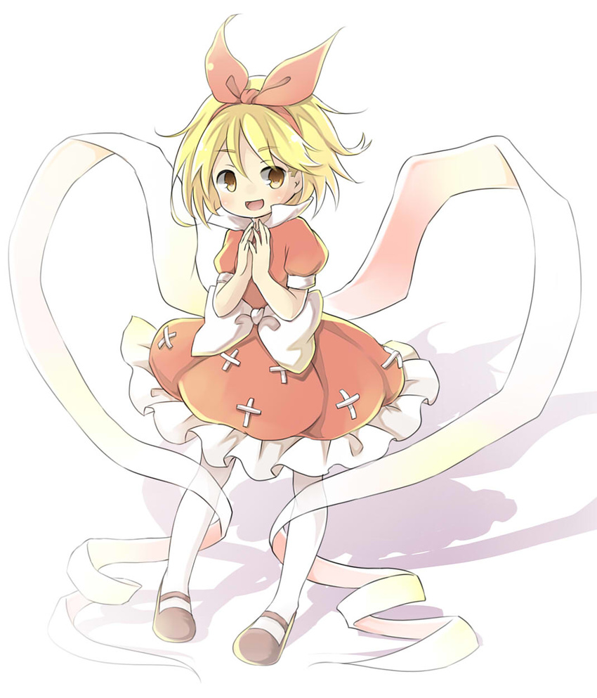 ayana_(touhou) bad_id bad_pixiv_id blonde_hair bow commentary_request dress ellipsis_(mitei) female full_body hairband highres mary_janes no_nose own_hands_together popped_collar puffy_short_sleeves puffy_sleeves red_dress red_ribbon ribbon shawl shoes short_hair short_sleeves solo touhou touhou_(pc-98) white_bow white_legwear yellow_eyes