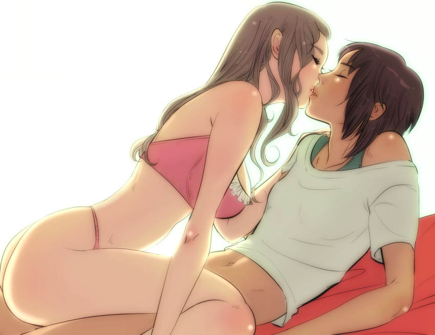 2girls arm_support ass backlighting bed_sheet bloom bra breasts chibigou closed_eyes commentary_request couple face-to-face frilled_bra frills from_side highleg highleg_panties highres imminent_kiss large_breasts lips long_hair lying multiple_girls navel on_back original panties parted_lips pink_bra pink_panties profile shirt sidelocks simple_background straddling underwear yuri