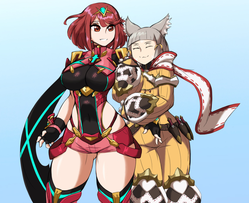 2girls breasts homura_(xenoblade_2) multiple_girls nintendo niyah red_hair xenoblade xenoblade_2