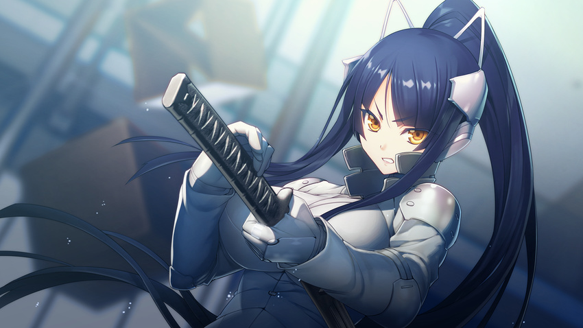 blue_hair bodysuit breasts fighting_stance floating_hair game_cg gijou_mitsumi gloves headgear highres holding holding_sword holding_weapon katana large_breasts long_hair looking_at_viewer nitroplus oosaki_shin'ya parted_lips ponytail raised_eyebrows serious shoulder_pads solo standing sword tokyo_necro upper_body weapon yellow_eyes