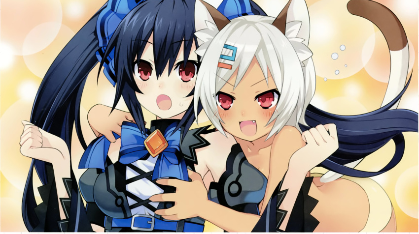 2girls :d :o absurdres animal_ear_fluff animal_ears artbook bare_shoulders black_hair blush breasts brown_hair cat_ears cat_girl cat_tail chou_megami_shinkou_noire_gekishin_black_heart crop_top cropped dark-skinned_female dark_skin grabbing grabbing_another's_breast grabbing_from_behind hair_ornament hairclip highres long_hair manamitsu medium_breasts moruu multiple_girls neptune_(series) noire_(neptunia) oerba_yun_fang official_art open_mouth red_eyes ribbon scan short_hair smile tail topless twintails v-shaped_eyebrows white_hair