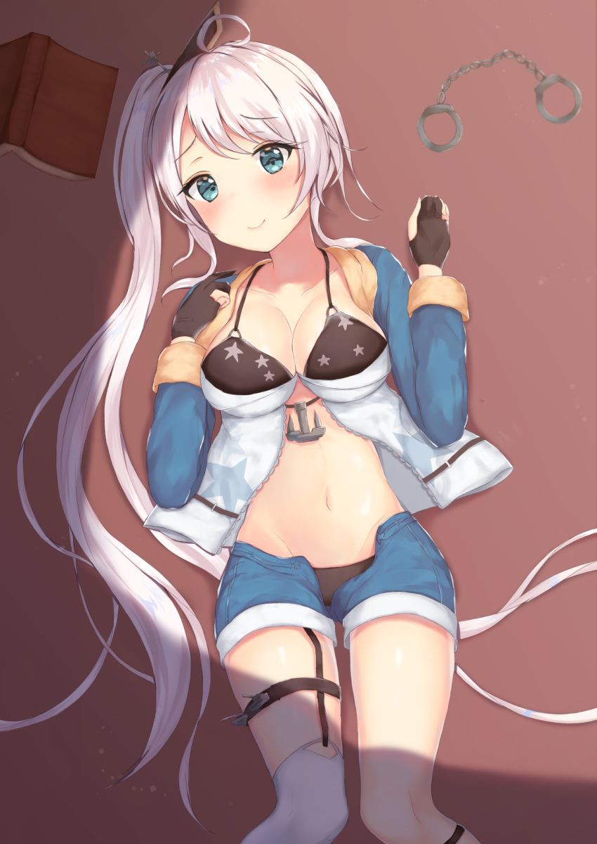 ahoge anchor asymmetrical_legwear azur_lane bikini bikini_top_only black_bikini black_gloves black_panties blue_eyes blue_shorts blush book breasts cleavage closed_mouth collarbone commentary_request cuffs female gloves groin hair_ornament handcuffs highres houraku large_breasts long_hair long_sleeves lying navel on_back open_book panties parted_bangs partially_fingerless_gloves portland_(azur_lane) portland_(retrofit)_(azur_lane) short_shorts shorts side_ponytail single_thighhigh smile solo star_(symbol) swimsuit thighhighs underwear uneven_legwear very_long_hair white_hair white_thighhighs