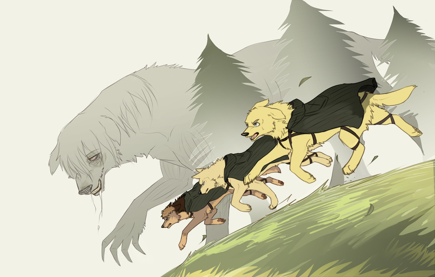 animalization armin_arlert blue_eyes canine cloak female_titan highres jean_kirchstein open_mouth reiner_braun running saliva shingeki_no_kyojin sweatdrop tree zencelot