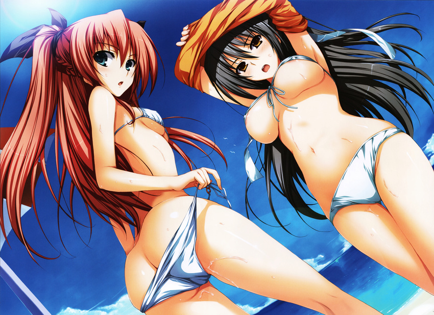 2girls :o absurdres akatsuki_no_goei armpits arms_up ass bad_id bad_yandere_id beach beach_umbrella bikini black_hair blue_eyes blush breasts brown_eyes butt_crack cameltoe day from_behind front-tie_top highres horizon large_breasts looking_at_viewer looking_back midriff multiple_girls nanjou_kaoru navel nikaidou_reika outdoors parted_lips pink_hair sand stomach swimsuit tomose_shunsaku trefoil umbrella underboob water white_bikini