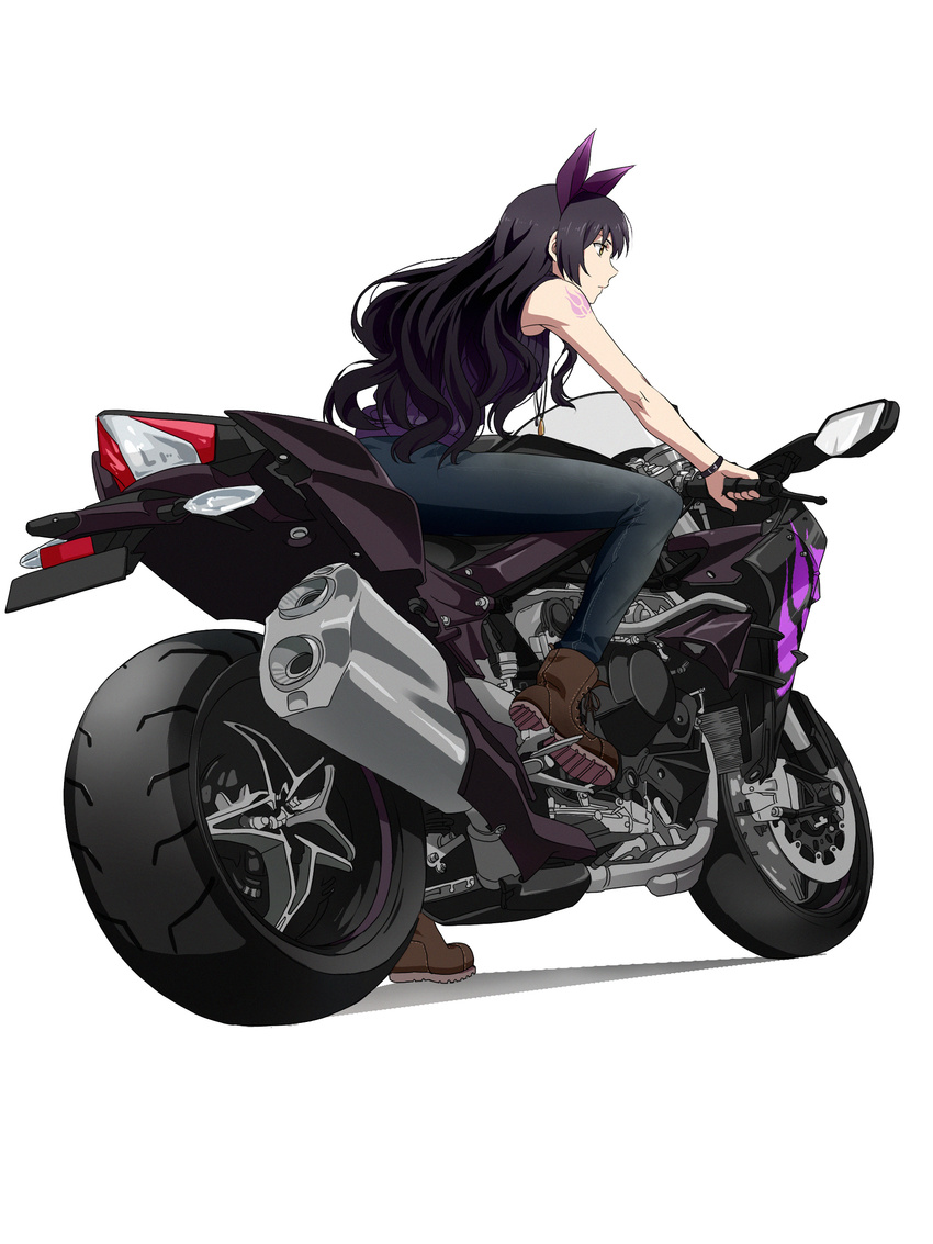 absurdres alternate_costume ankle_boots bad_id bad_pixiv_id belt black_hair blake_belladonna blue_pants boots bow breasts brown_footwear casual closed_mouth cross-laced_footwear female full_body hairband hairbow highres jewelry kurohane lace-up_boots long_hair looking_away medium_breasts motor_vehicle motorcycle necklace pants pendant photoshop_(medium) profile purple_bow ribbed_sweater riding rwby simple_background sleeveless solo sweater tattoo wavy_hair white_background yellow_eyes