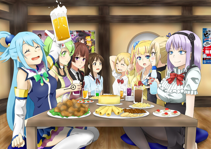 6+girls :d ^_^ active_raid alcohol aqua_(konosuba) bar_(place) beer beer_mug black_skirt blonde_hair blue_eyes blue_hair blunt_bangs blush boku_dake_ga_inai_machi bottle bow bowtie breasts brown_eyes brown_hair closed_eyes closed_mouth commentary_request crossover cup daauchi dagashi_kashi dimension_w eating foam food frills galko green_eyes green_hair haikyuu!! hair_rings hairband high-waist_skirt holding holding_cup indoors katagiri_airi kawakami_mai kazari_asami kono_subarashii_sekai_ni_shukufuku_wo! large_breasts leaf long_hair looking_at_viewer md5_mismatch meat mug multiple_crossover multiple_girls musaigen_no_phantom_world open_mouth oshiete!_galko-chan pantyhose plate poster_(object) puffy_short_sleeves puffy_sleeves purple_eyes red_bow red_bowtie season_connection shidare_hotaru short_sleeves single_hair_ring sitting skirt smile table underbust water_bottle yachi_hitoka yurizaki_mira