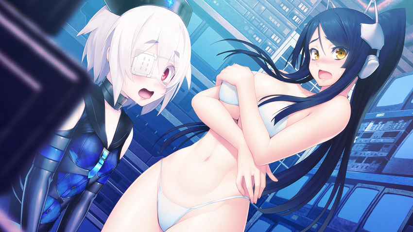 2girls bare_arms bare_legs bare_shoulders bikini blue_hair blush breasts collar con_su covering drooling dutch_angle elbow_gloves embarrassed eyepatch game_cg gijou_mitsumi gloves headgear highres indoors large_breasts legs long_hair looking_at_viewer monitor mound_of_venus multiple_girls navel nitroplus nurse_cap oosaki_shin'ya open_mouth ponytail saliva short_hair sitting small_breasts standing swimsuit thighs tokyo_necro white_bikini white_hair