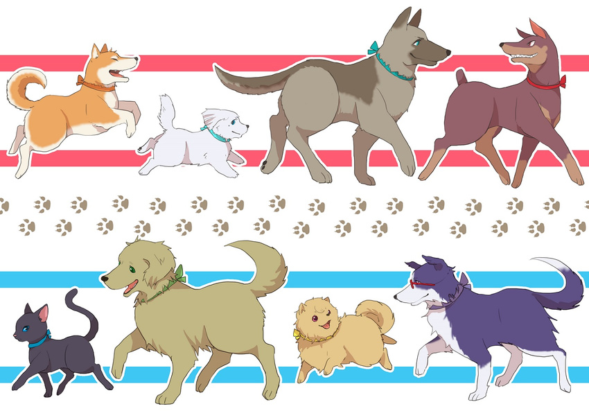 animal animal_focus animalization aqua_eyes bad_id bad_pixiv_id blue_eyes border_collie canine dobermann feline free! german_shepherd glasses golden_retriever green_eyes hazuki_nagisa matsuoka_rin mikoshiba_momotarou nanase_haruka_(free!) nitori_aiichirou no_humans odd_one_out paw_print photoshop_(medium) pink_eyes pomeranian_(dog) red_eyes ronisuke ryuugazaki_rei shiba_inu tachibana_makoto walking yamazaki_sousuke