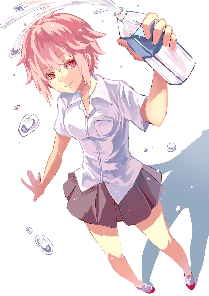 absurdres bad_id bad_pixiv_id bottle collared_shirt d-frag! female highres kurenai907 looking_at_viewer mizukami_sakura no_lineart no_socks pink_hair red_eyes school_uniform shirt short_hair skirt solo standing water_bottle water_drop white_background white_shirt