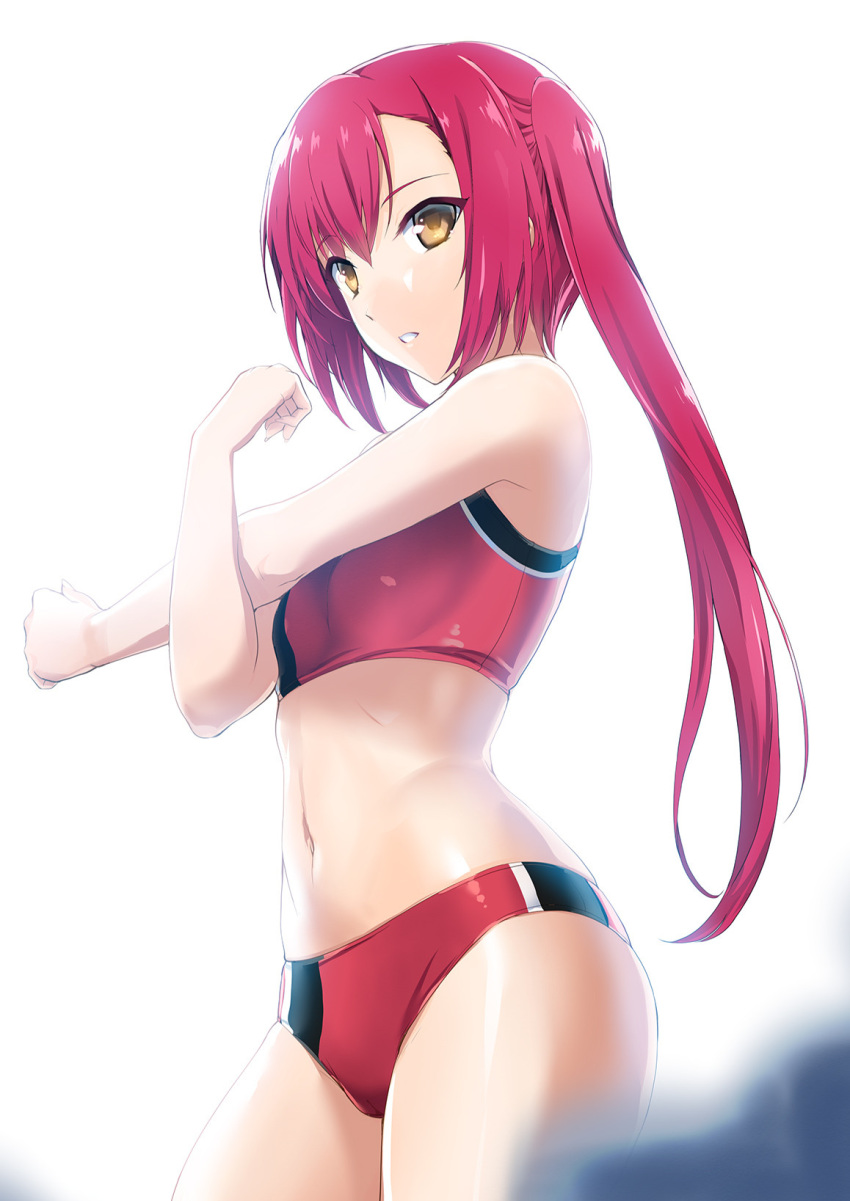 brown_eyes buruma choukou_shinki_ixseal cowboy_shot female hair_between_eyes highres houshou_kirika long_hair midriff navel onigirikun parted_lips red_buruma red_hair red_sports_bra shiny_clothes shiny_skin side_ponytail simple_background solo sports_bra standing stomach stretching underwear very_long_hair white_background