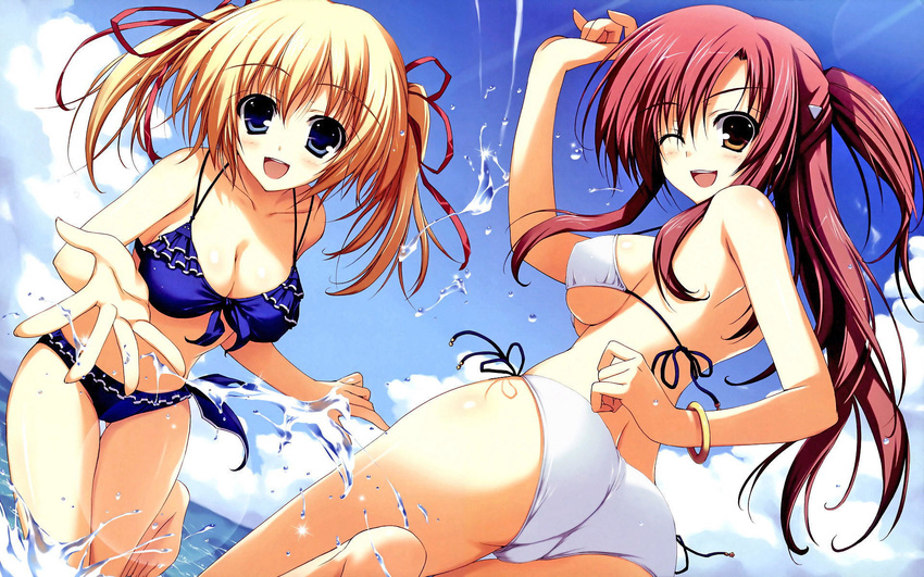 2girls ;d akatsuki_no_goei bikini blonde_hair blue_eyes breasts cleavage kurayashiki_tae large_breasts long_hair multiple_girls nikaidou_reika ocean one_eye_closed open_mouth panties red_eyes red_hair ribbon side-tie_panties smile swimsuit tomose_shunsaku twintails underboob underwear wallpaper water white_bikini white_swimsuit wink