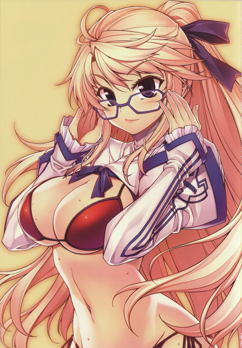 absurdres adjusting_eyewear bad_id bad_yandere_id bikini blonde_hair breasts cleavage clothes_lift female freezing_(series) glasses highres large_breasts long_hair looking_at_viewer navel ponytail purple_eyes satellizer_el_bridget scan shirt_lift side-tie_bikini_bottom simple_background smile solo soo-hyon_lee standing sweat swimsuit very_long_hair yellow_background