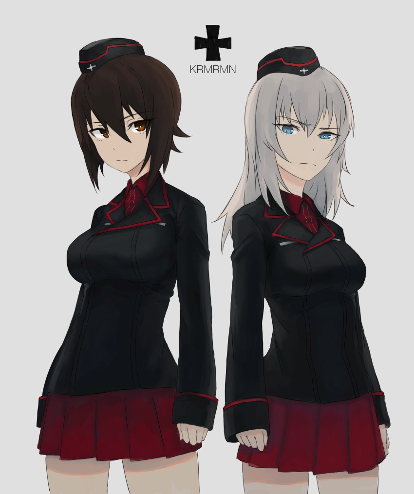 2girls absurdres black_hat black_jacket blue_eyes brown_eyes brown_hair closed_mouth commentary cowboy_shot cross dress_shirt frown garrison_cap girls_und_panzer glaring grey_background grey_hair hat highres iron_cross itsumi_erika jacket kuromorimine_military_uniform light_frown long_hair long_sleeves looking_at_viewer luna_ninja military military_hat military_uniform miniskirt multiple_girls nishizumi_maho pleated_skirt red_shirt red_skirt shirt short_hair simple_background skirt standing uniform wing_collar