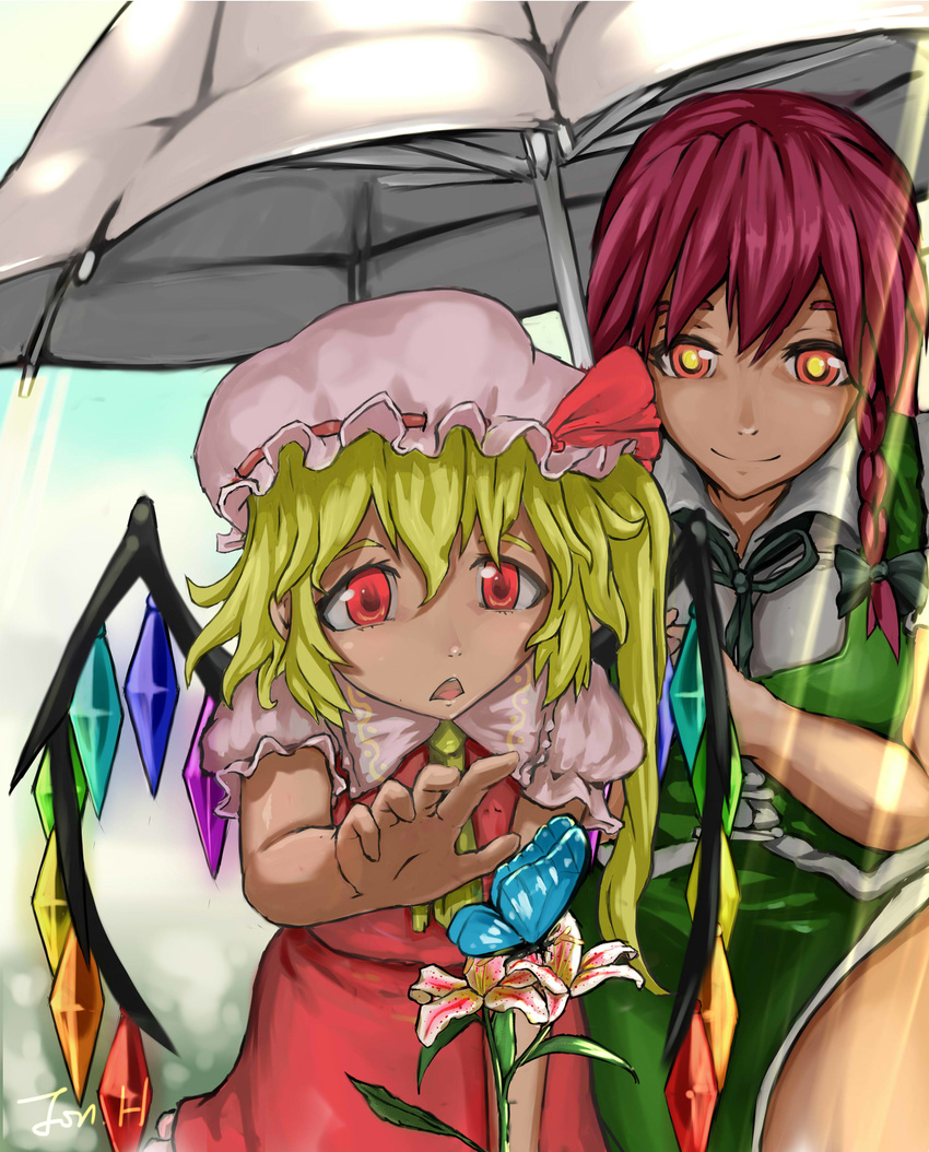 2girls :< absurdres blonde_hair braid bug butterfly commentary flandre_scarlet flower hat hat_ribbon highres holding holding_umbrella hong_meiling jonathan_h lily_(flower) multiple_girls outstretched_hand parasol red_eyes red_hair ribbon shared_umbrella side_braid signature touhou umbrella wings