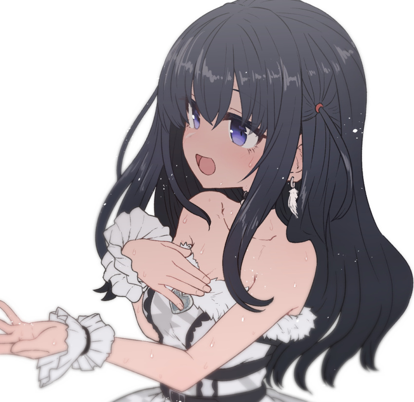 :d bare_shoulders belt black_belt black_hair blush breasts cleavage dress earrings feather_earrings feathers female hand_on_own_chest idol idoly_pride jewelry long_hair nagase_mana purple_eyes simple_background smile solo strapless strapless_dress sumiyao_(amam) two_side_up upper_body white_background white_dress wristband