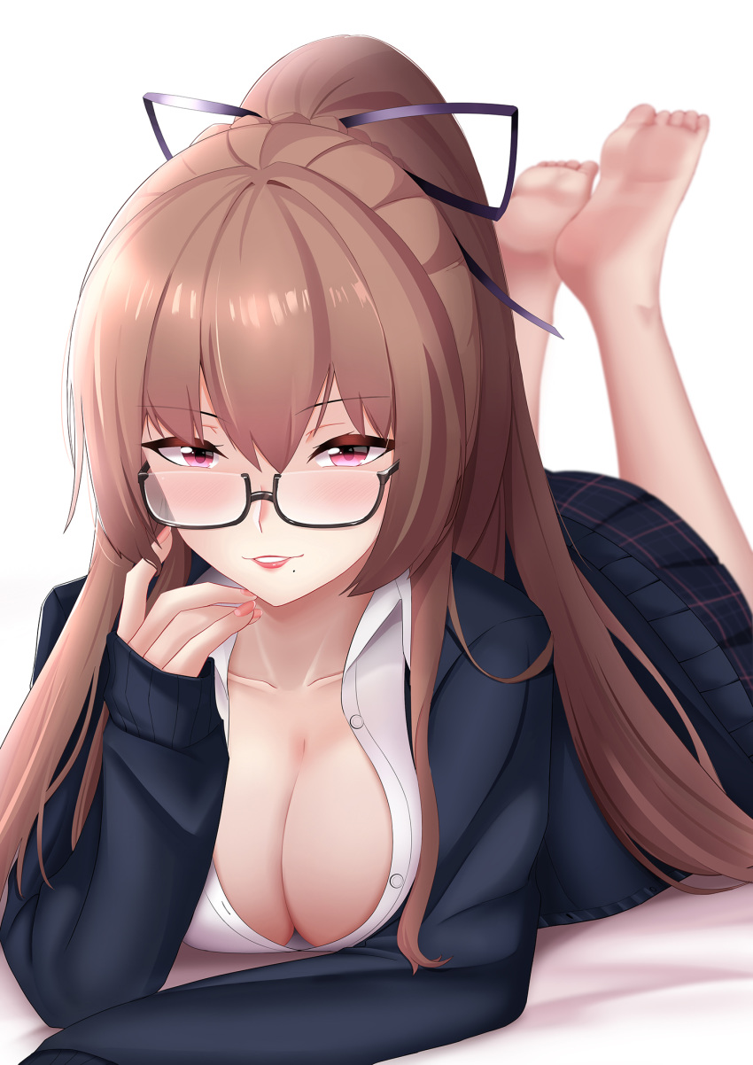 azur_lane barefoot black_ribbon blue_jacket blue_skirt braid breasts chinese_commentary cleavage commentary_request crown_braid feet female glasses hair_ribbon highres jacket large_breasts legs lenxiao light_brown_hair long_hair looking_at_viewer lying mole mole_under_mouth official_alternate_costume on_stomach partially_unbuttoned pleated_skirt purple_eyes ribbon shirt simple_background skirt solo swiftsure_(azur_lane) swiftsure_(study_hall_cyclamen)_(azur_lane) the_pose twirling_hair very_long_hair white_background white_shirt