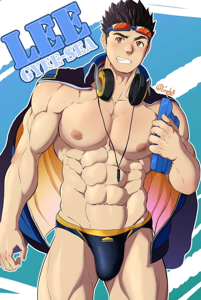 1boy abs absurdres alternate_costume artist_name bara biceps black_hair blue_background bulge cowboy_shot english_text grelxb gyee headphones highres jacket large_pectorals lee_(gyee) male_focus male_swimwear manly mature_male muscular muscular_male navel nipples official_alternate_costume open_clothes open_jacket orange_eyes pectorals simple_background smile solo spiked_hair summer_lee(gyee) swim_briefs thick_arms thick_eyebrows thick_thighs thighs twitter_username white_background