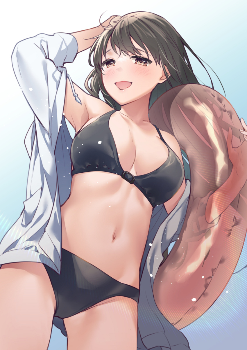 bikini black_bikini black_hair breasts brown_eyes cleavage cocoa_(cafe-hotcocoa) commentary_request cowboy_shot drawstring female highres innertube jacket long_hair looking_at_viewer medium_breasts navel open_clothes open_jacket original smile solo standing swim_ring swimsuit white_jacket