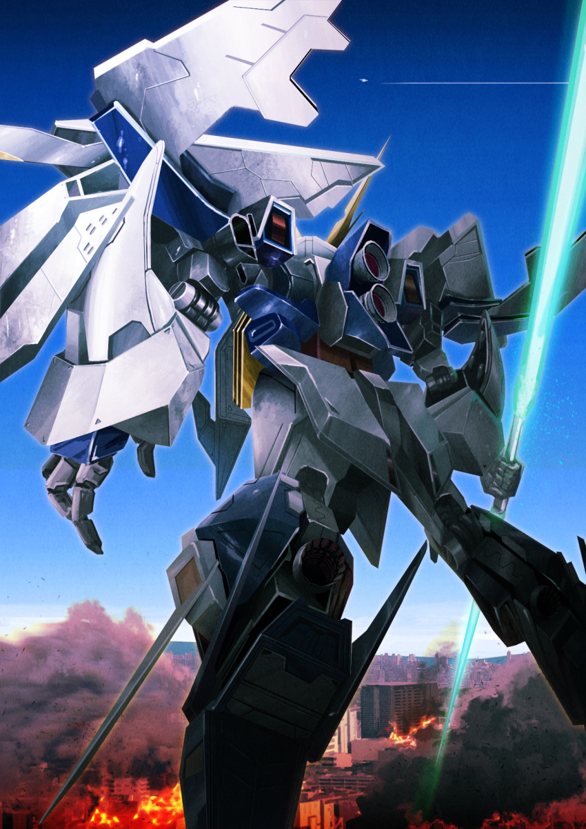 beam_saber blue_sky building city fire from_behind gundam gundam_hathaway's_flash highres mecha no_humans pajaman robot sky smoke thrusters xi_gundam