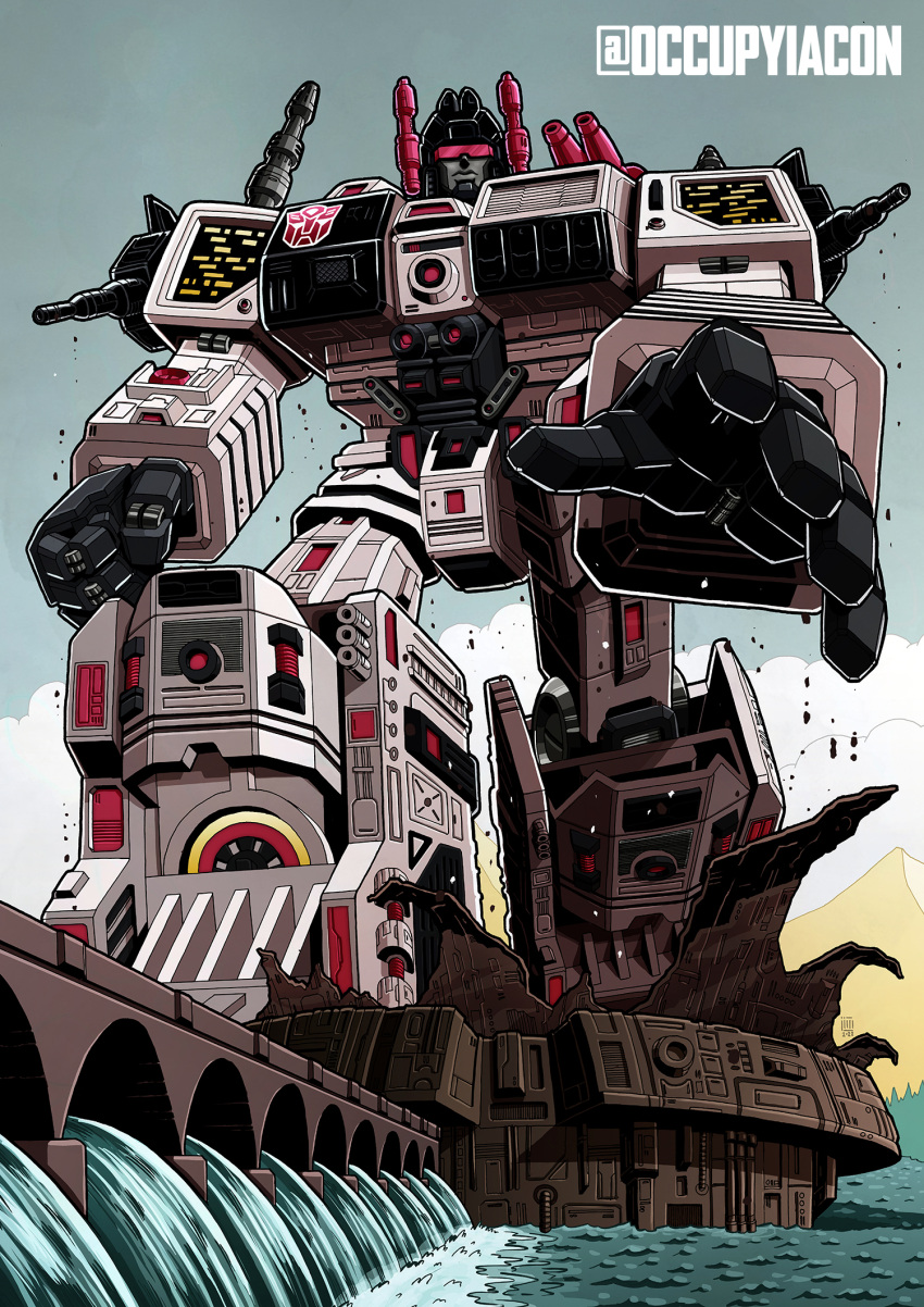 assault_visor autobot clenched_hand cloud dam english_commentary highres jim_stafford mecha metroplex mountain no_humans open_hand robot sky solo transformers transformers:_generation_1 twitter_username western_comics_(style)