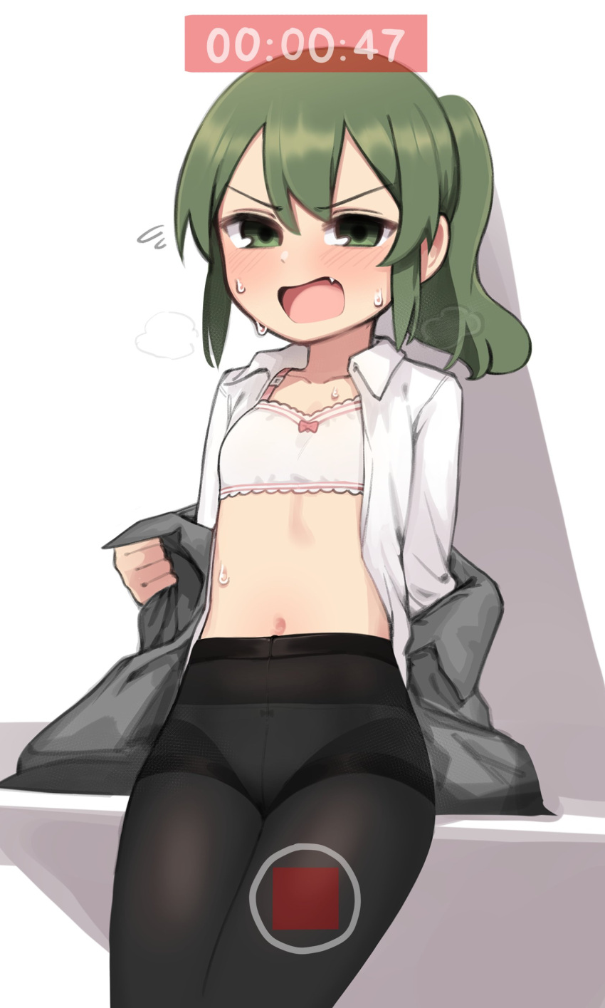 absurdres bad_id bad_twitter_id black_pantyhose borrowed_character bra breasts commentary fake_phone_screenshot fake_screenshot female green_eyes green_hair highres igarashi_futaba_(shiromanta) inactive_account looking_at_viewer midriff navel oerba_yun_fang panties panties_under_pantyhose pantyhose ponytail recording senpai_ga_uzai_kouhai_no_hanashi shirt short_hair simple_background small_breasts solo sweat underwear white_background white_bra white_shirt yeun