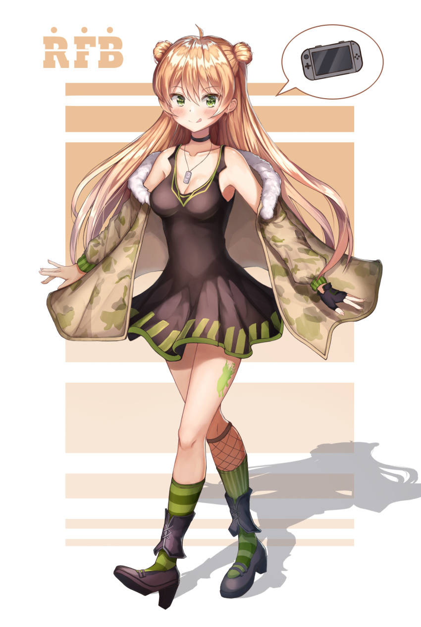 absurdres ahoge bare_shoulders black_choker black_dress black_footwear black_gloves blush breasts brown_hair camouflage camouflage_jacket choker cleavage collarbone commentary_request dog_tags double_bun dress female fingerless_gloves fur_trim girls'_frontline gloves green_eyes hair_between_eyes hair_bun haneiro highres jacket jewelry kneehighs long_hair looking_at_viewer necklace nintendo_switch off_shoulder photoshop_(medium) rfb_(girls'_frontline) shoes short_dress single_glove sleeveless smile socks solo striped_clothes striped_socks tongue tongue_out vertical-striped_clothes vertical-striped_socks