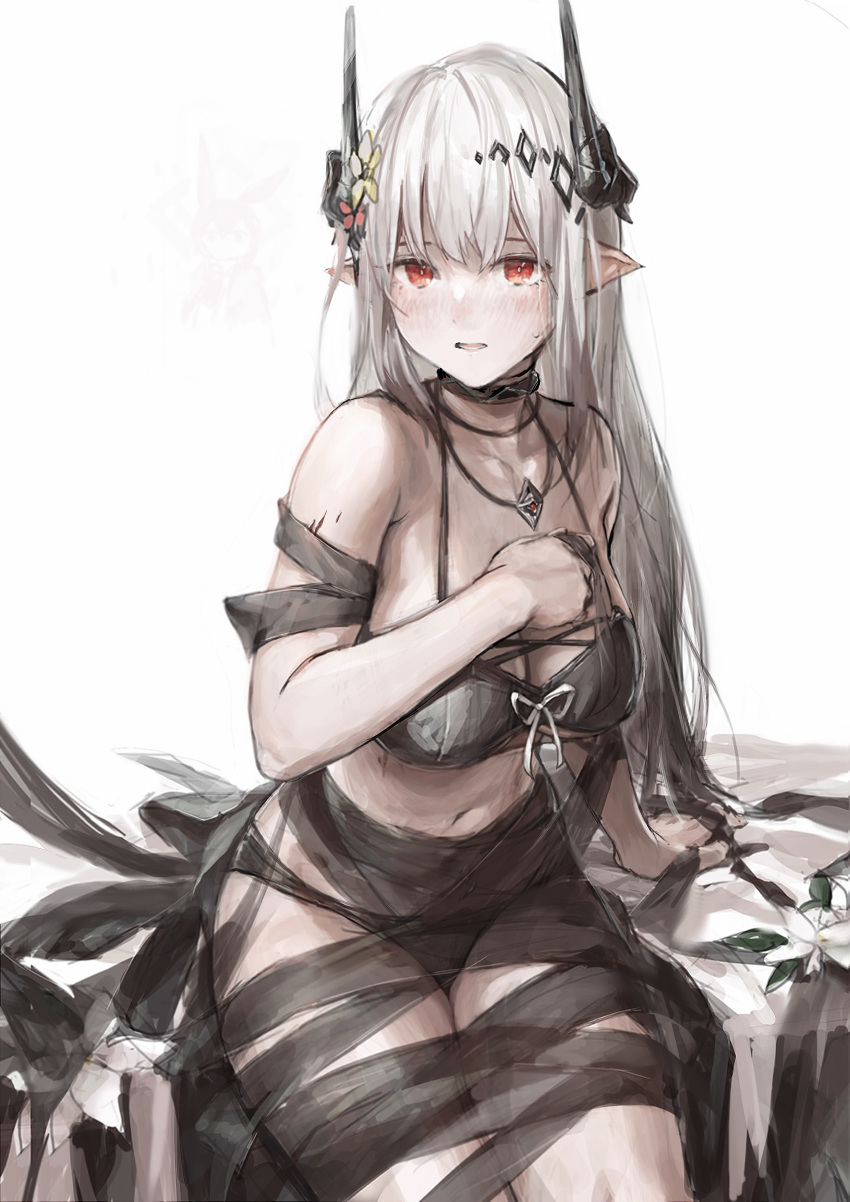 absurdres arknights bad_id bad_pixiv_id bare_shoulders bikini black_bikini black_ribbon blush breasts cleavage collar collarbone commentary_request eyebrows_hidden_by_hair female flower hair_flower hair_ornament hand_on_own_chest highres horns infection_monitor_(arknights) jewelry large_breasts long_hair looking_at_viewer material_growth mudrock_(arknights) mudrock_(silent_night)_(arknights) navel necklace official_alternate_costume open_mouth oripathy_lesion_(arknights) red_eyes ribbon simple_background sitting solo sweatdrop swimsuit tentsuu_(tentwo) very_long_hair white_background white_flower white_hair yellow_flower