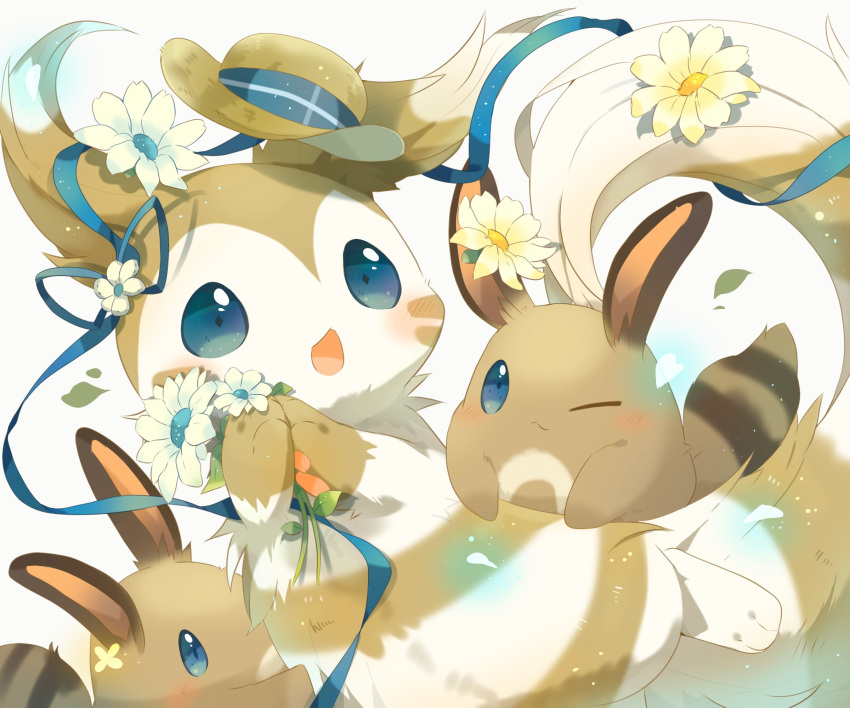 blue_eyes blue_ribbon blush closed_mouth commentary_request falling_leaves flower furret hat highres holding holding_flower leaf no_humans one_eye_closed open_mouth pokemon pokemon_(creature) ribbon sentret tongue unworn_hat unworn_headwear ushiina white_background