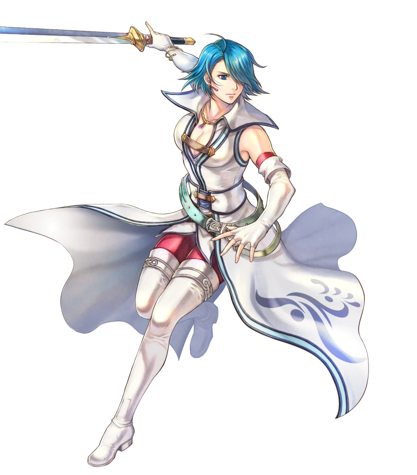 bare_shoulders belt blue_eyes blue_hair boots bracelet breasts cleavage closed_mouth collarbone earrings elbow_gloves female fingerless_gloves fire_emblem fire_emblem:_radiant_dawn fire_emblem_heroes full_body gloves hair_over_one_eye highres holding holding_sword holding_weapon jewelry leg_up looking_away lucia_(fire_emblem) medium_breasts necklace non-web_source official_art short_hair sleeveless solo sword takaya_tomohide thigh_boots transparent_background weapon