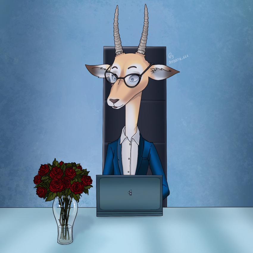 1:1 antelope bovid business_suit clothing computer electronics eyewear fedrikoganz female flower glasses hi_res holidays horn illumination_entertainment karen_(sing) laptop mammal plant receptionist short_story sing_(movie) solo suit valentine's_day