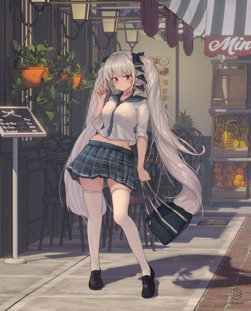 absurdres alternate_costume artist_logo artist_name awning azur_lane bag banana black_footwear black_ribbon blue_necktie blue_sailor_collar blue_skirt breasts chair contrapposto female food formidable_(azur_lane) fruit full_body hair_ribbon hanging_plant highres holding holding_bag large_breasts loafers long_hair menu_board midriff_peek miniskirt necktie orange_(fruit) outdoors patio_chair plaid plaid_skirt plant pleated_skirt potted_plant red_eyes ribbon rodriguez_(kamwing) sailor_collar school_bag shadow shirt shoes skirt sleeves_rolled_up solo standing thighhighs twintails v very_long_hair white_hair white_shirt white_thighhighs zettai_ryouiki