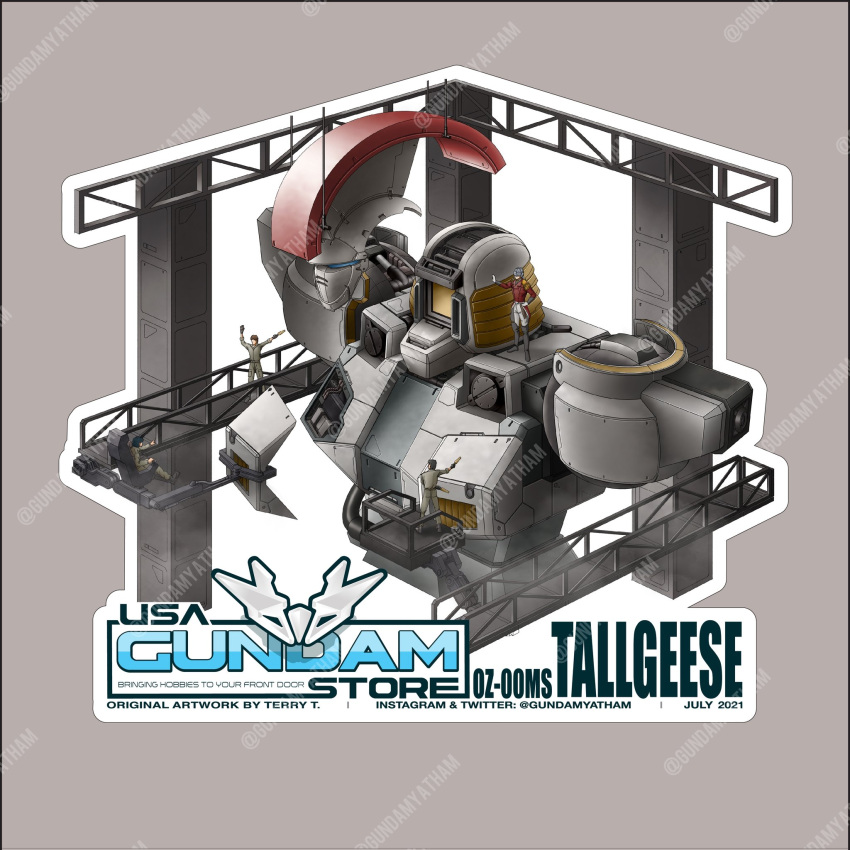 3boys character_name commentary english_commentary gundam gundam_wing gundamyatham highres mask mecha military military_uniform mobile_suit multiple_boys robot science_fiction solo_focus sticker tallgeese uniform upper_body usa_gundam_store watermark waving zechs_merquise