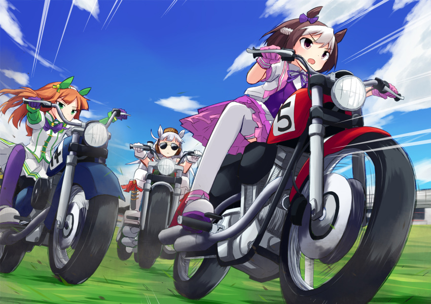 3girls animal_ears blunt_bangs bow brown_hair brown_headwear commentary ear_bow gloves gold_ship_(umamusume) green_eyes grey_hair harley_davidson horse_ears horse_girl kakizaki_(chou_neji) long_hair motor_vehicle motorcycle multicolored_hair multiple_girls on_motorcycle open_mouth orange_hair outdoors pillbox_hat purple_eyes purple_gloves purple_legwear racetrack riding silence_suzuka_(umamusume) skirt special_week_(umamusume) sunglasses thighhighs two-tone_hair umamusume vehicle_focus white_gloves white_hair white_legwear white_skirt