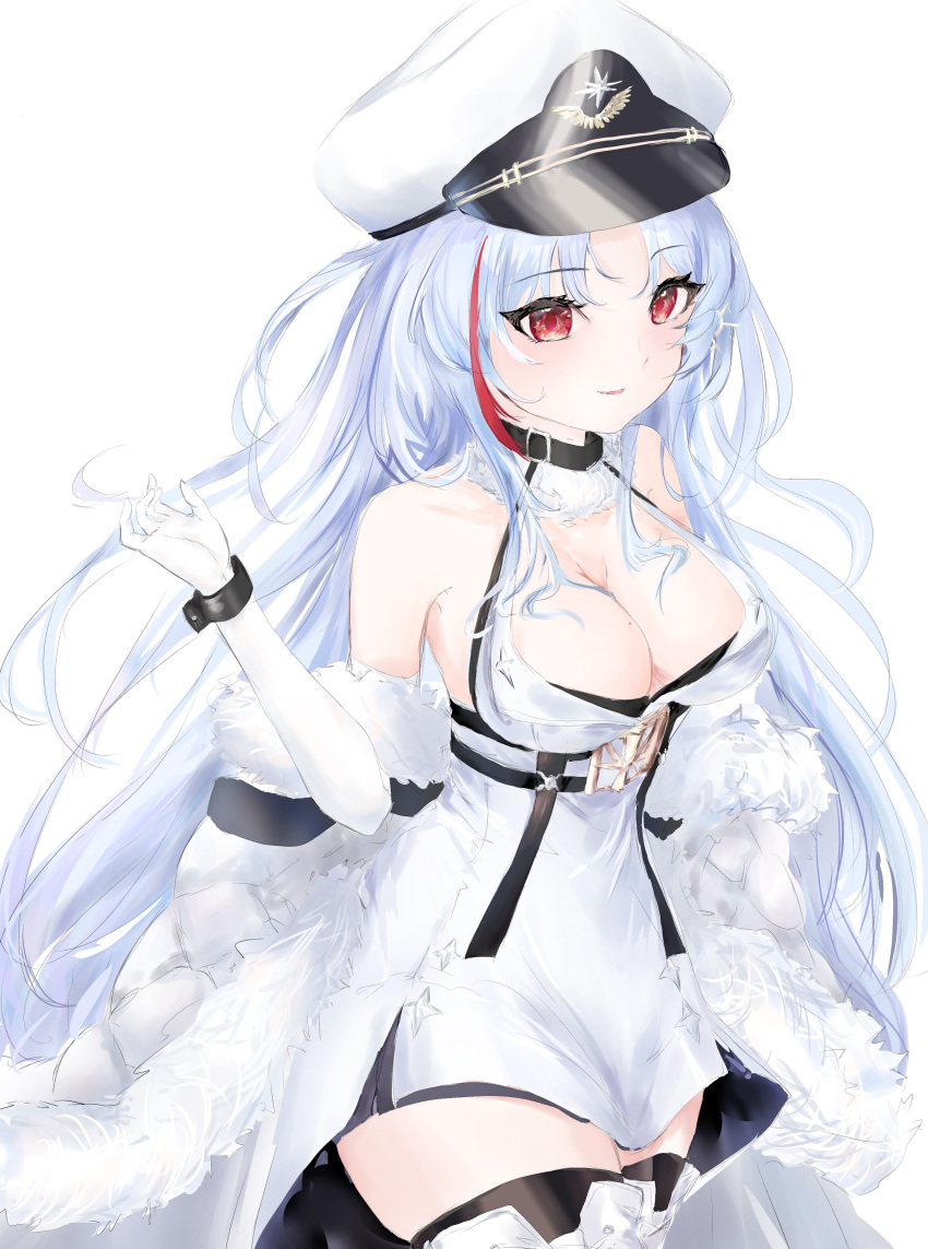 absurdres azur_lane boots breasts cleavage coat cross-laced_footwear elbow_gloves female fur-trimmed_coat fur_trim gloves hat highres large_breasts multicolored_hair open_clothes open_coat peaked_cap red_eyes red_hair simple_background solo streaked_hair sutaa tallinn_(azur_lane) thigh_boots thighhighs two-tone_hair white_background white_coat white_gloves white_hat wrist_cuffs zettai_ryouiki