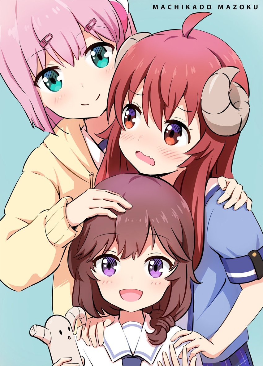 3girls ahoge asou_(asabu202) blue_background blue_eyes blush brown_hair chiyoda_momo copyright_name demon_girl demon_horns hair_ornament hairclip highres hood hoodie horns long_hair long_sleeves looking_at_another looking_at_viewer machikado_mazoku multiple_girls open_mouth pink_hair purple_eyes red_eyes red_hair shirt short_hair short_sleeves siblings sisters skirt smile yoshida_ryouko yoshida_yuuko_(machikado_mazoku)