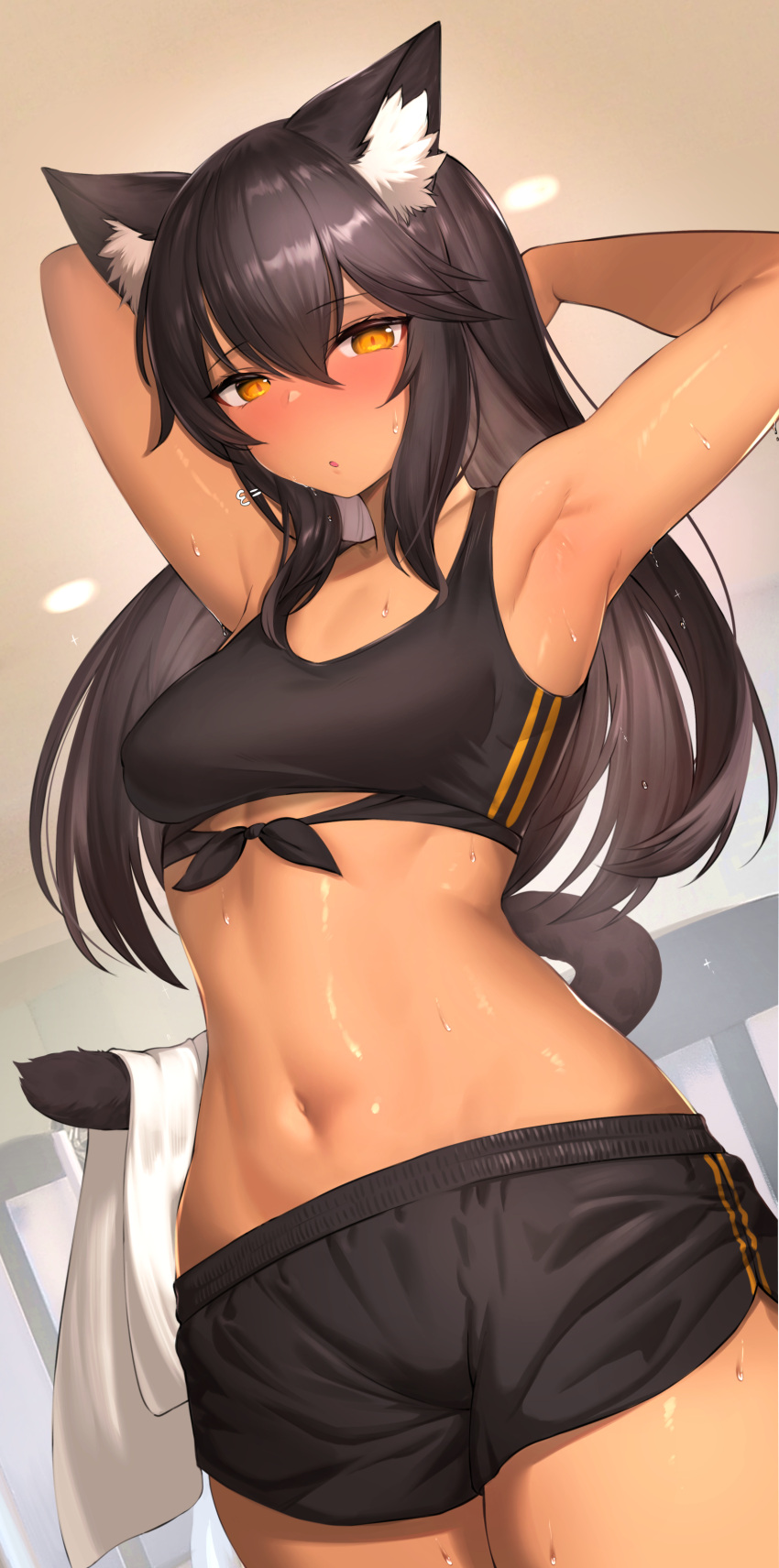 :o absurdres animal_ear_fluff animal_ears armpits arms_behind_head arms_up black_hair black_shorts black_sports_bra blush breasts commentary cowboy_shot dark-skinned_female dark_skin dolphin_shorts female hair_between_eyes highres holding holding_with_tail indoors long_hair looking_at_viewer mathew_(srmmk_mce) navel orange_eyes original parted_lips prehensile_tail puff_of_air short_shorts shorts solo sports_bra standing stomach sweat symbol-only_commentary tail towel