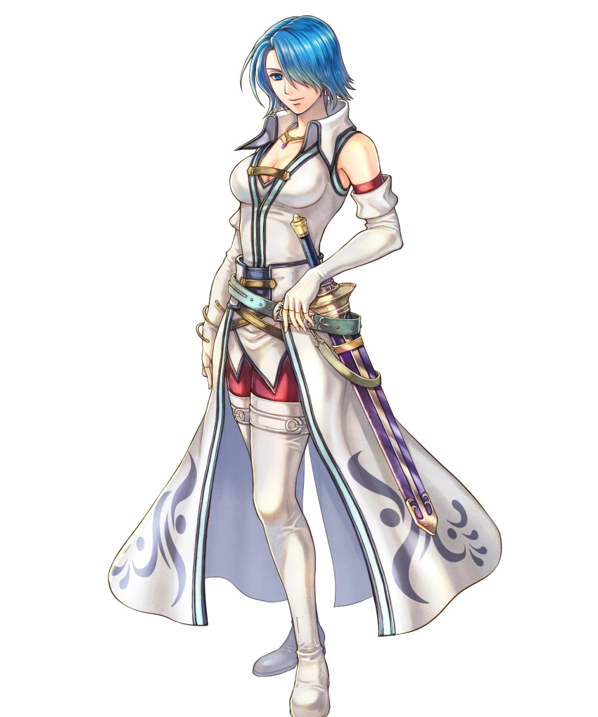 bare_shoulders belt blue_eyes blue_hair boots bracelet breasts cleavage closed_mouth elbow_gloves female fingerless_gloves fingernails fire_emblem fire_emblem:_radiant_dawn fire_emblem_heroes full_body gloves hair_over_one_eye highres jewelry looking_at_viewer lucia_(fire_emblem) medium_breasts necklace non-web_source official_art sheath sheathed short_hair sleeveless solo standing sword takaya_tomohide thigh_boots transparent_background weapon