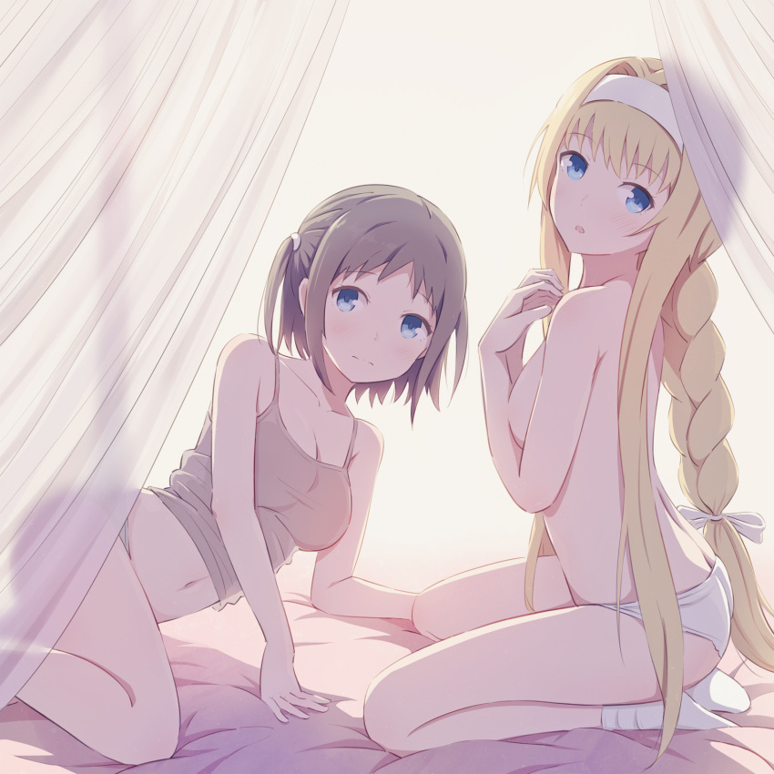 2girls alice_zuberg arched_back asou_(asabu202) back bed blonde_hair blue_eyes blush braid braided_ponytail breasts brown_hair cleavage closed_mouth commentary covering_breasts covering_privates curtains headband highres large_breasts long_hair looking_at_viewer multiple_girls navel on_bed open_mouth panties ronye_arabel shirt short_hair sideboob sleeveless sleeveless_shirt socks sword_art_online sword_art_online:_alicization twintails two_side_up underwear very_long_hair white_panties