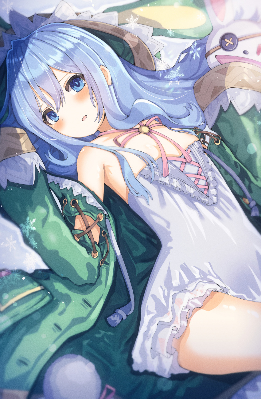 absurdres arms_up bare_shoulders blue_eyes blue_hair blush breasts cleavage coat date_a_live dress female green_coat highres long_hair lying off_shoulder on_back open_clothes open_coat open_mouth pekoli sleeves_past_wrists small_breasts solo strapless strapless_dress thighs white_dress yoshino_(date_a_live) yoshinon