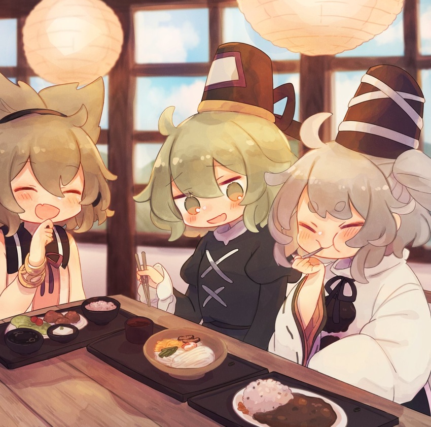 3girls :i ahoge alternate_hairstyle ashiyu_(ashu-ashu) bare_shoulders black_headwear black_ribbon blouse blurry blurry_background blush bowl bracelet brown_hair chopsticks closed_eyes commentary_request depth_of_field dress earmuffs eating food_request green_dress green_eyes green_hair grey_hair hair_between_eyes hand_on_own_chin hand_up hat holding holding_chopsticks japanese_clothes jewelry juliet_sleeves kariginu lantern long_sleeves mononobe_no_futo multiple_girls neck_ribbon oerba_yun_fang one_side_up open_mouth paper_lantern pointy_hair pom_pom_(clothes) puffy_sleeves purple_ribbon ribbon shirt skin_fang sleeveless sleeveless_shirt smile soga_no_tojiko table tate_eboshi thick_eyebrows touhou toyosatomimi_no_miko tray white_shirt wide_sleeves