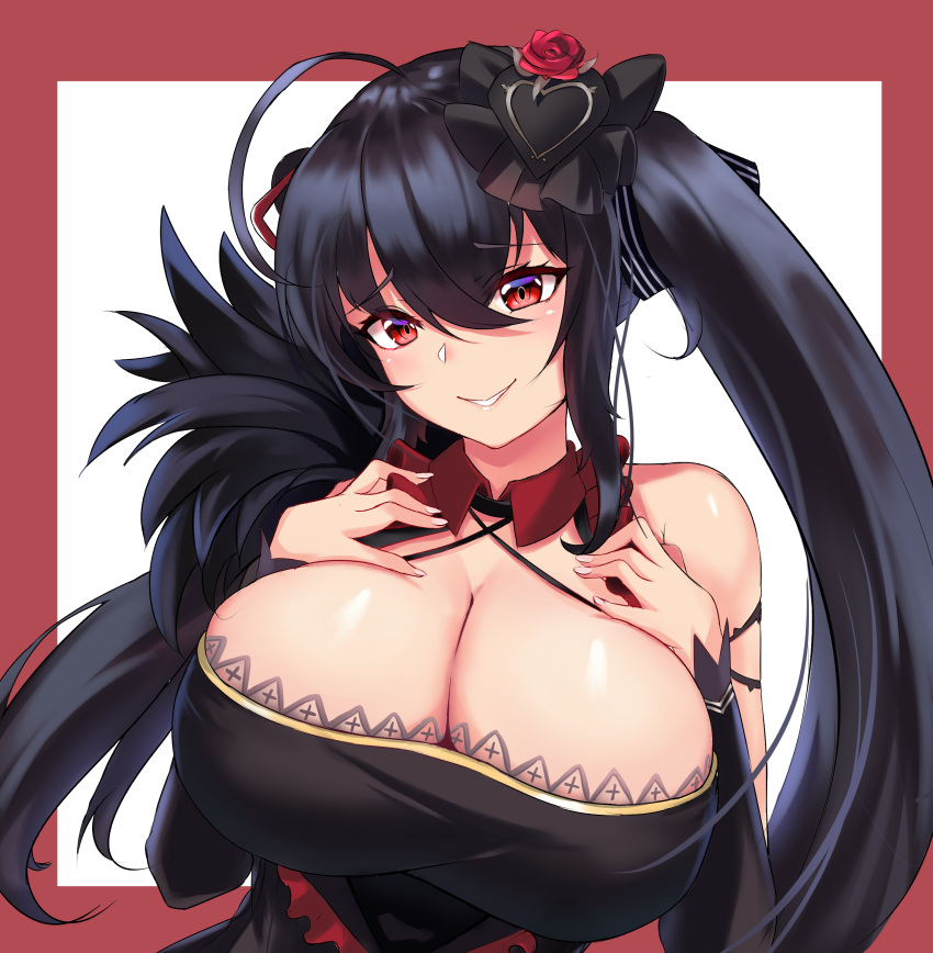 absurdres ahoge azur_lane bare_shoulders black_dress black_hair breasts cleavage dress female hair_between_eyes hair_ribbon hands_on_own_chest head_tilt highres huge_breasts long_hair looking_at_viewer ltsum official_alternate_costume parted_lips red_eyes ribbon sleeveless smile solo taihou_(azur_lane) taihou_(muse)_(azur_lane) twintails very_long_hair