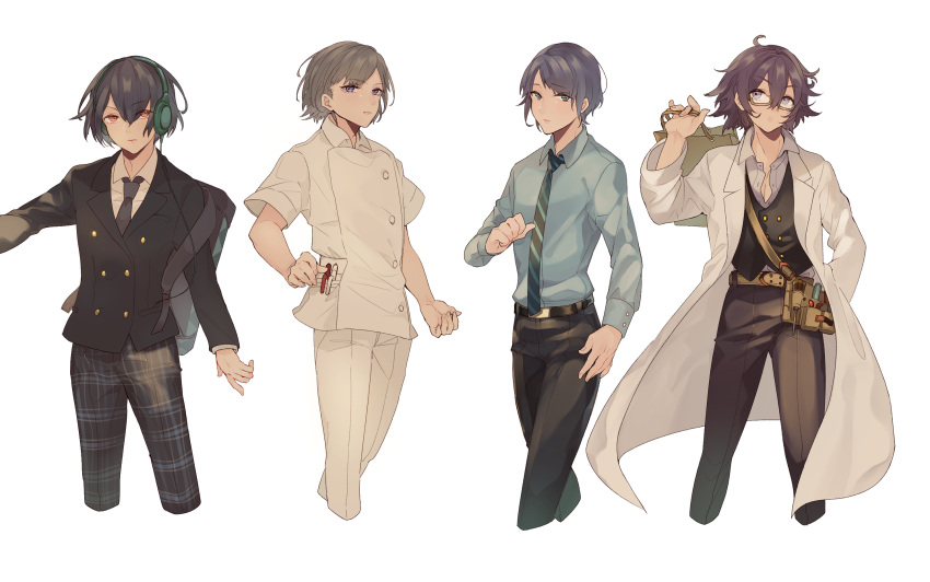 4boys alice_(sinoalice) backpack bad_id bad_pixiv_id bag blue_eyes blue_hair closed_mouth collared_shirt doctor dorothy_(sinoalice) fanny_pack fuyaketa_konbu genderswap_(ftm) glasses grey_eyes grey_hair headphones highres holding holding_bag lab_coat looking_at_viewer male_focus multiple_boys necktie ningyo_hime_(sinoalice) open_clothes open_shirt pants pen plaid plaid_pants purple_hair reality_arc_(sinoalice) red_eyes rule_63 sad school_uniform serious shirt short_hair simple_background sinoalice snow_white_(sinoalice) white_background