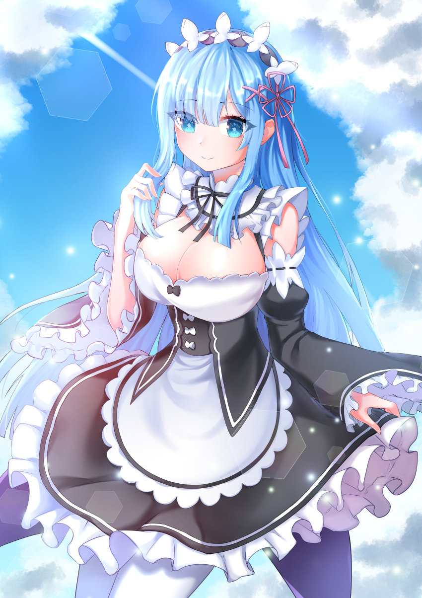 absurdres alternate_hair_length alternate_hairstyle bad_id bad_pixiv_id bare_shoulders blue_eyes blue_hair blue_sky blush breasts cleavage cloud commentary_request day detached_sleeves dress female frills hair_ornament hair_over_one_eye hair_ribbon hareriya highres large_breasts long_hair looking_at_viewer maid maid_headdress outdoors pink_ribbon re:zero_kara_hajimeru_isekai_seikatsu rem_(re:zero) ribbon roswaal_mansion_maid_uniform sky smile solo very_long_hair white_legwear x_hair_ornament