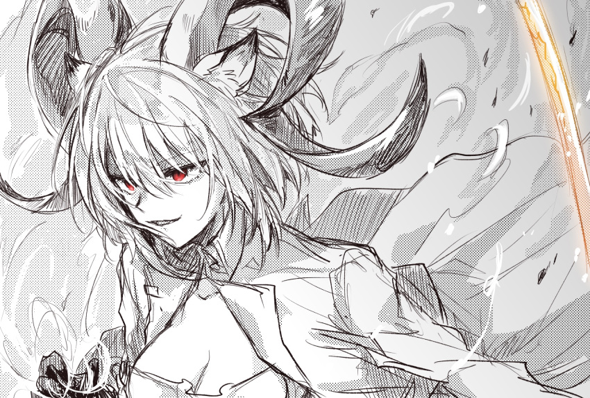 an_fyhx animal_ears arknights bad_id bad_pixiv_id carnelian_(arknights) cleavage_cutout clothing_cutout female goat_girl goat_horns greyscale grin highres horns jacket monochrome red_eyes smile solo spot_color