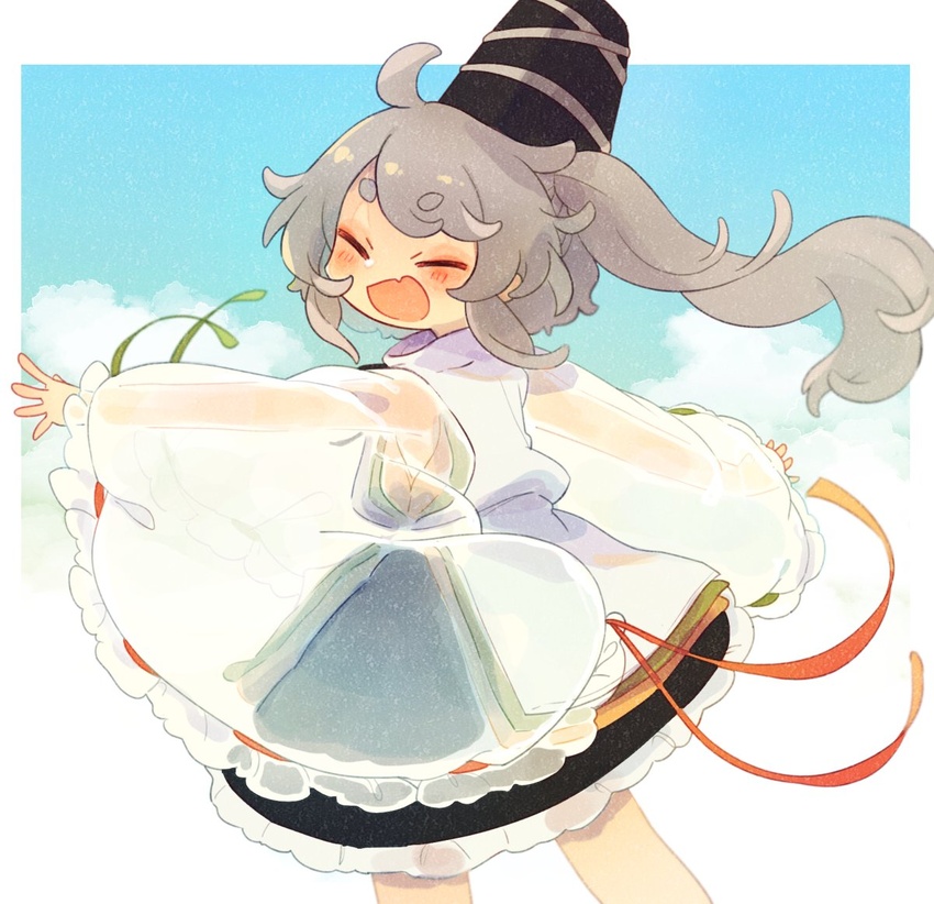 :d ashiyu_(ashu-ashu) black_hat black_skirt blue_sky border closed_eyes cloud commentary_request commission cowboy_shot female from_side grey_hair hat japanese_clothes kariginu long_hair long_sleeves mononobe_no_futo oerba_yun_fang open_mouth outdoors ponytail ribbon-trimmed_sleeves ribbon_trim see-through see-through_sleeves short_eyebrows skeb_commission skin_fang skirt sky smile solo standing tate_eboshi touhou white_border wide_sleeves